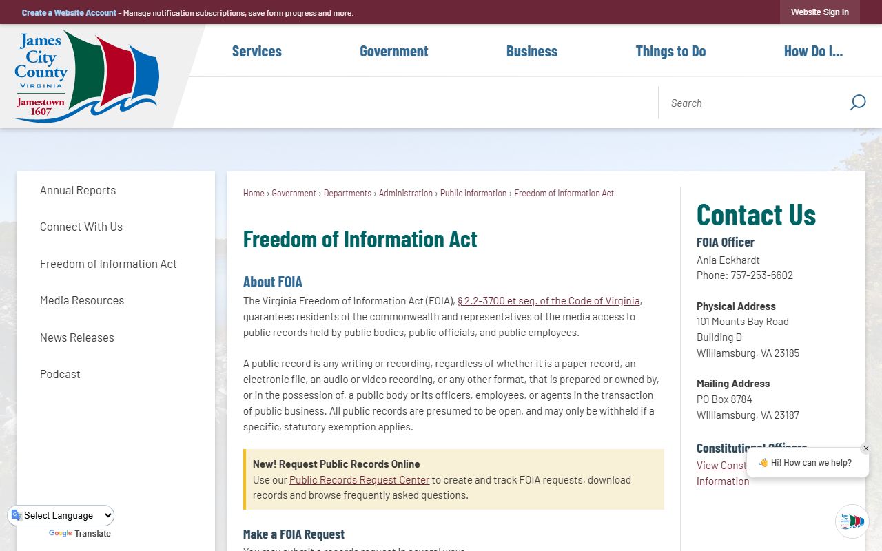 James City County jail mugshots FOIA request page