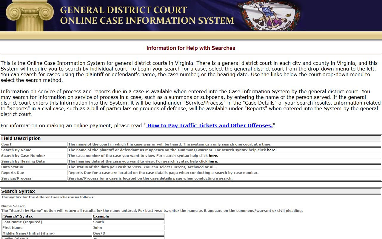 James City County court records arrest search fields in Virginia General District Court case search