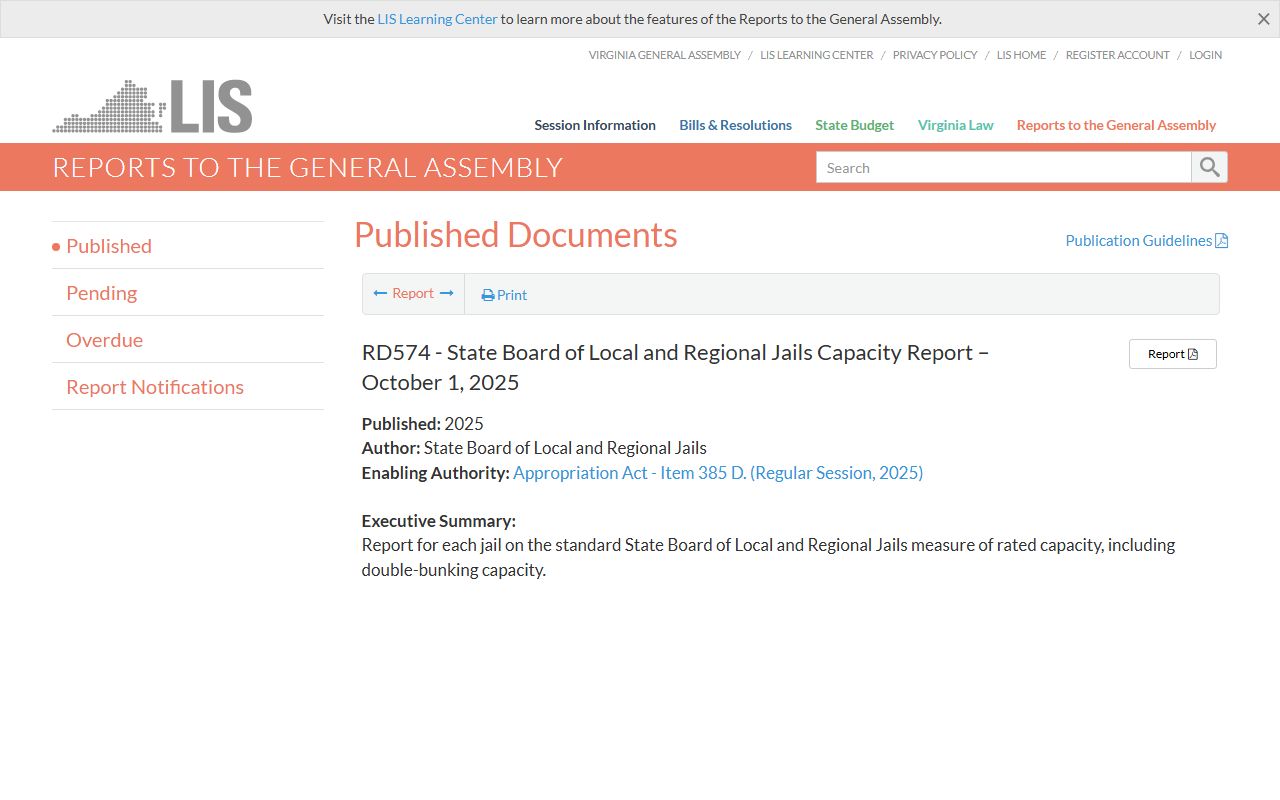 Virginia jail capacity report source for James City County inmate population statistics