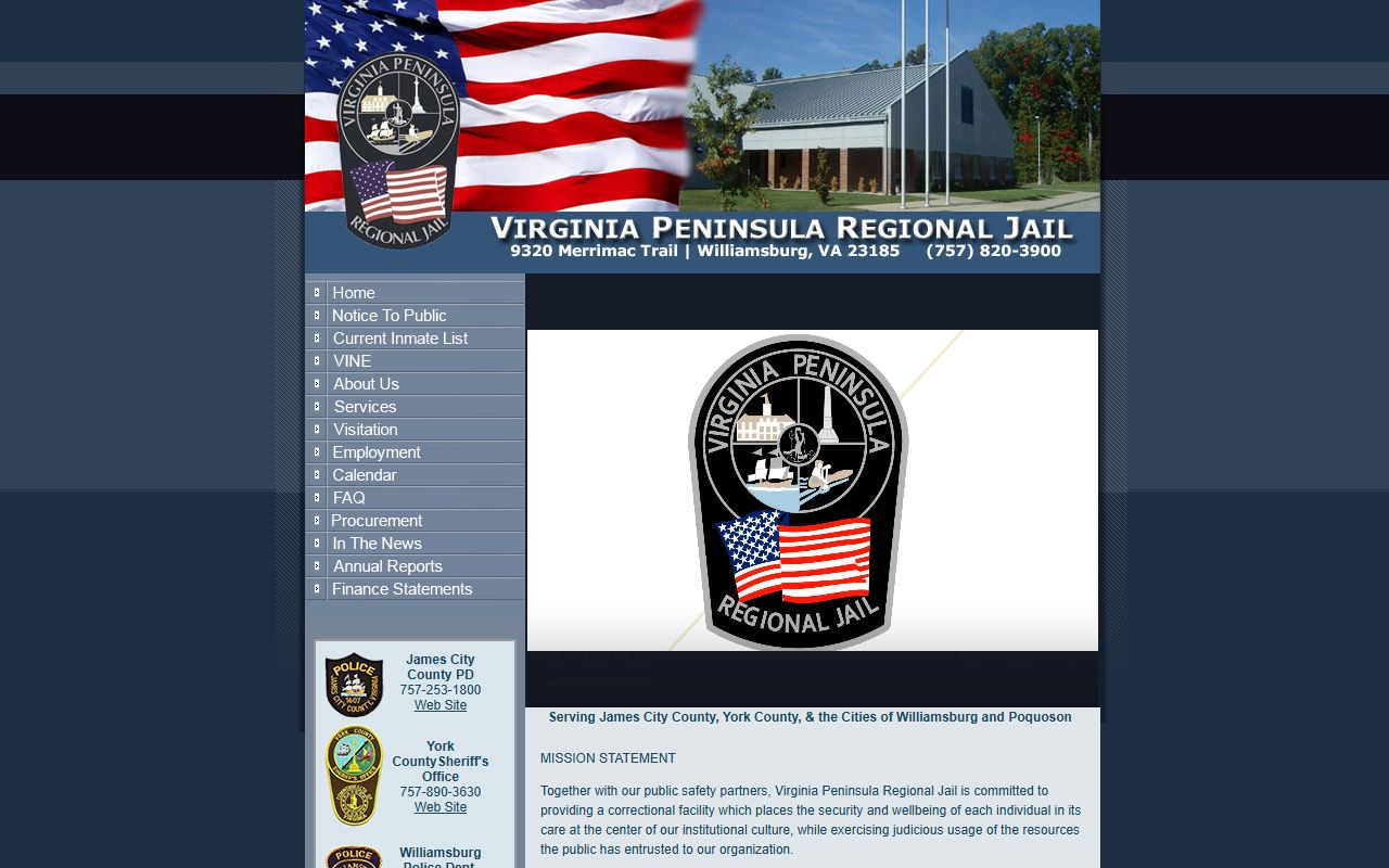 Virginia Peninsula Regional Jail homepage for James City County inmate population search