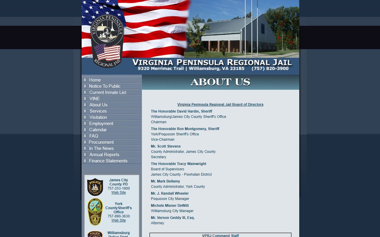 James City County inmate records VPRJ records and department contacts