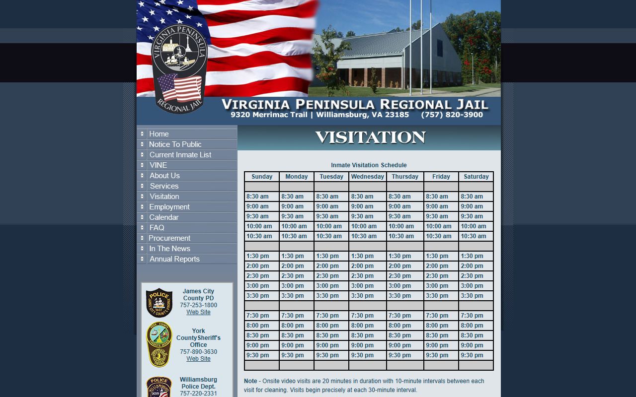 James City County inmate records VPRJ visitation schedule